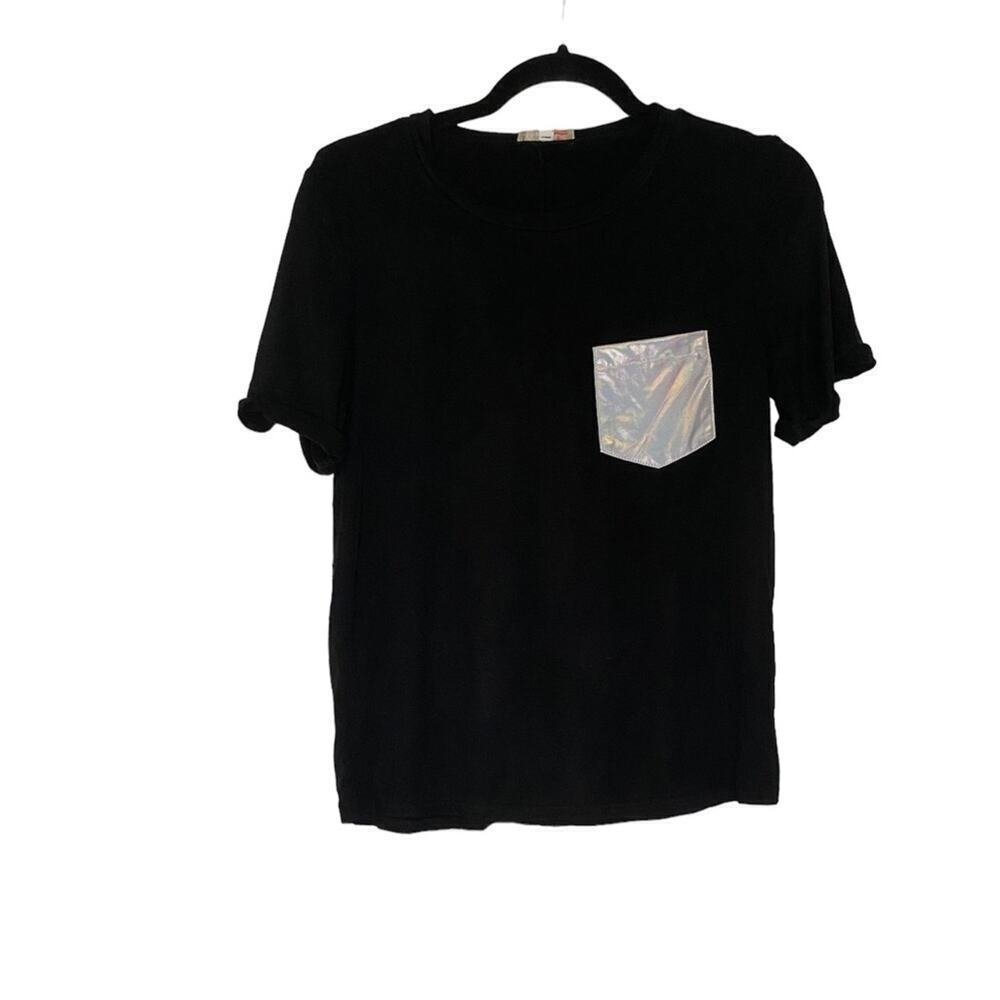 GB Black Tshirt with Holographic Metallic Silver Pocket Size S